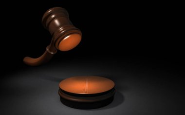 Mahkeme kararını temsil eden bir çekiç. Siyah arka plan. 3d hasta