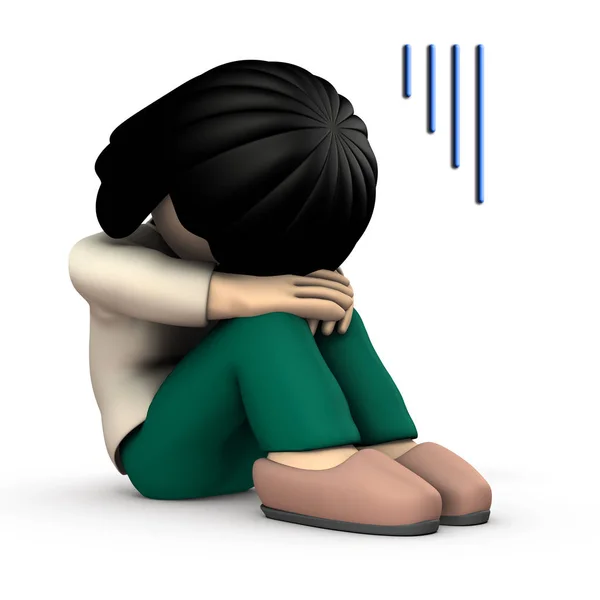 The girl hides her face and is very sad. 3D illustration. White — Stock Photo, Image