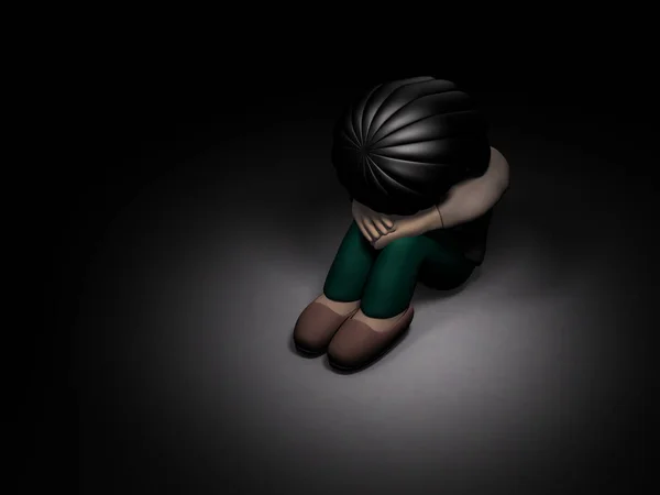 一个女孩独自蹲在黑暗中。她孤独而害怕。大 — 图库照片