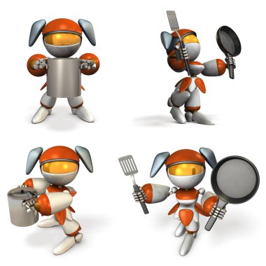 Yemek pişirmede iyi olan sevimli kadın robot. dört unsur. 3d hasta