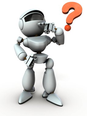 Beyaz bir robot başını işaret ve sk içine bakarak