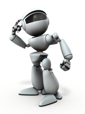 Beyaz bir robot başını işaret ve sk içine bakarak