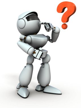 Beyaz bir robot başını işaret ve sk içine bakarak