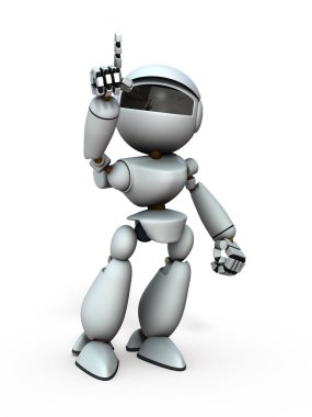 Yapay zeka robotu havayı işaret ediyor. Beyaz 