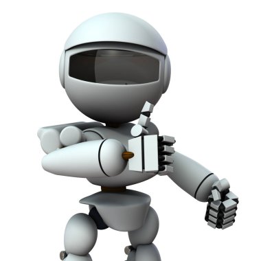 Baş parmağı olan yapay zeka robotu. Beyaz arkaplan. 