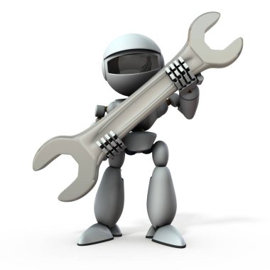 Büyük ingiliz anahtarı olan yapay zeka robotu. Beyaz sırt