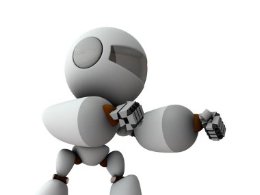 İki elini de dövüş pozisyonunda tutan bir robot. Beyaz arka plan. 3B illüstrasyon.