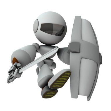 Büyük bir kılıçla istila eden yapay zeka robotu. Beyaz arka plan. 3B illüstrasyon.