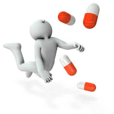 Düşen bir karakter. Uyuşturucu bağımlılığını ima ediyor. Beyaz arka plan. 3B illüstrasyon.