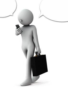 Akıllı telefon kullanarak yürüyen bir iş adamı. Beyaz arka plan. 3B illüstrasyon.