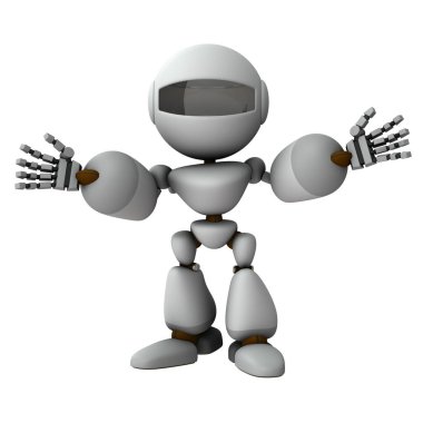 Kolları açık nazik bir robot. Beyaz arka plan. 3B illüstrasyon.