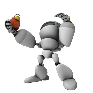 Şirin robot uyuyakalmış. Şaşırdı ve sabırsızlandı. Üç boyutlu illüstrasyon. Beyaz arkaplan.
