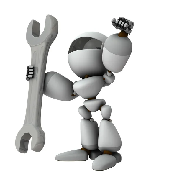 一个装有大扳手的人工智能机器人 它是工业力量的象征 白色背景 3D插图 — 图库照片
