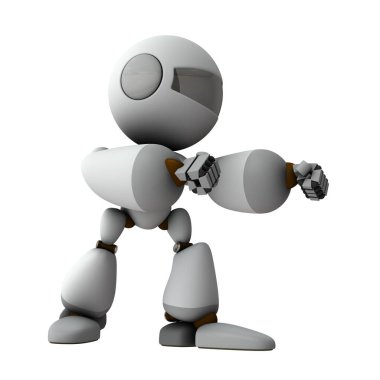 İki elini de dövüş pozisyonunda tutan bir robot. Beyaz arka plan. 3B illüstrasyon.