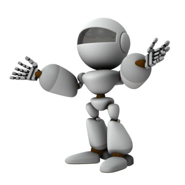 Kolları açık nazik bir robot. Beyaz arka plan. 3B illüstrasyon.