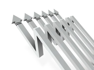 Düştükten sonra atlayan oklar. V şeklindeki iyileşmeyi temsil eden soyut bir tasvirdir. Beyaz arka plan. 3B illüstrasyon.