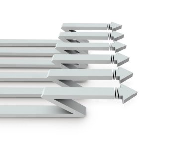 Gruplar halinde ilerleyen birden fazla ok. Beyaz arka plan. 3B görüntüleme.