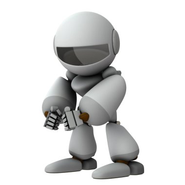 Yumruk atan beyaz bir robot. Öfkeyi temsil ediyor. Beyaz arka plan. 3B illüstrasyon.