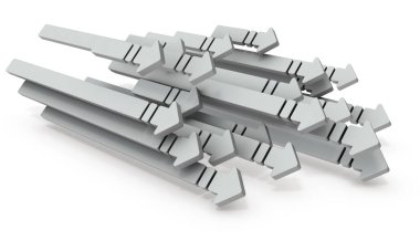 Birçok ok tek bir birime dönüşür. Buraya doğru yaklaşıyor. Beyaz arka plan. 3B görüntüleme.