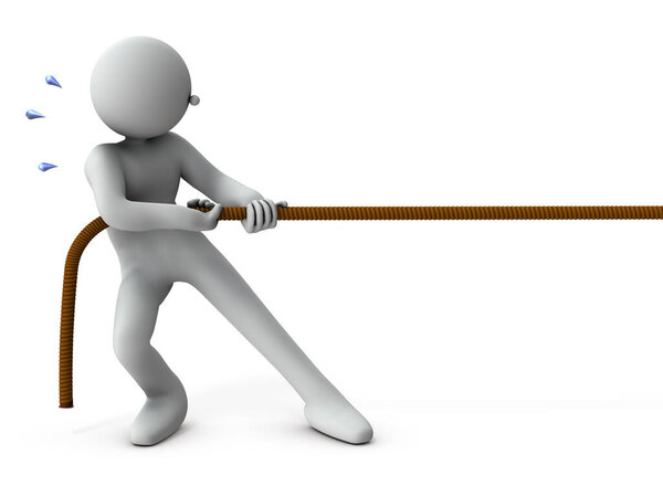 Персонаж тянет веревку. Перетягивание каната. Белый фон. 3D рендеринг
.