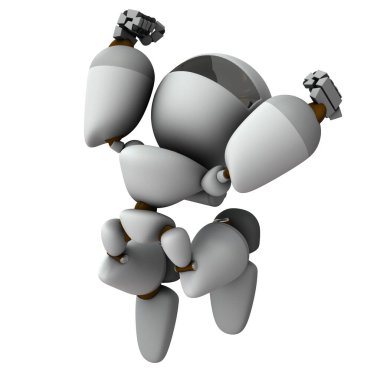 Yapay zekaya sahip ve atlayan bir robot. Beyaz arka plan. 3B görüntüleme.