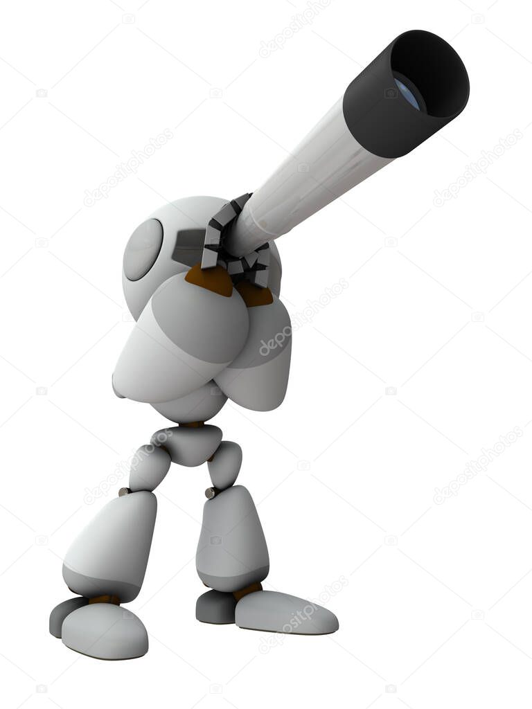 A robot with artificial intelligence that predicts the future with a telescope. White background. 3D rendering.