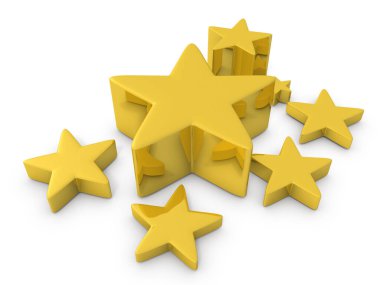 Farklı boyutlarda bir sürü yıldız. Bu bir olasılığı temsil ediyor. Beyaz arka plan. 3B görüntüleme.