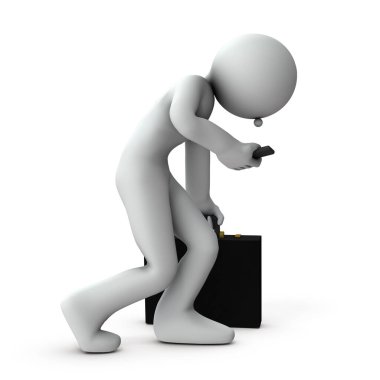 İptal edildiğinde hayal kırıklığına uğrayan bir karakter. Beyaz arka plan. 3B görüntüleme.