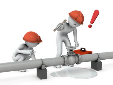 Mühendisler kalın borulardaki su sızıntılarını tamir ediyorlar. 3B görüntüleme. 