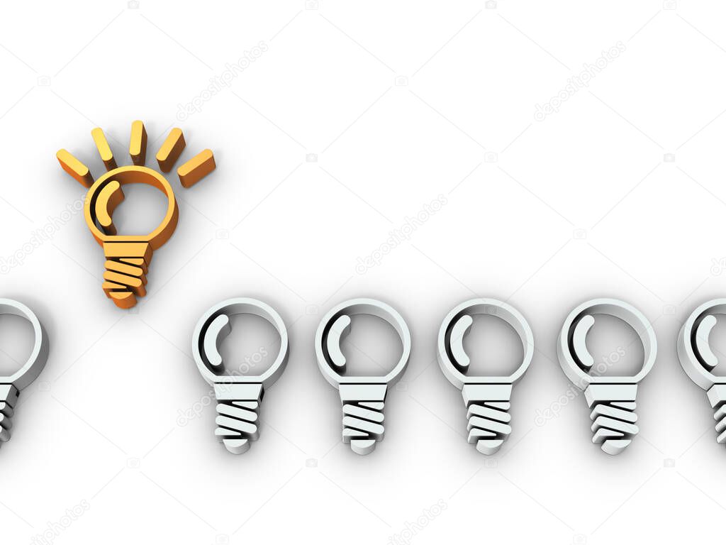 There is only one light bulb. It represents an idea. White background. 3D rendering.