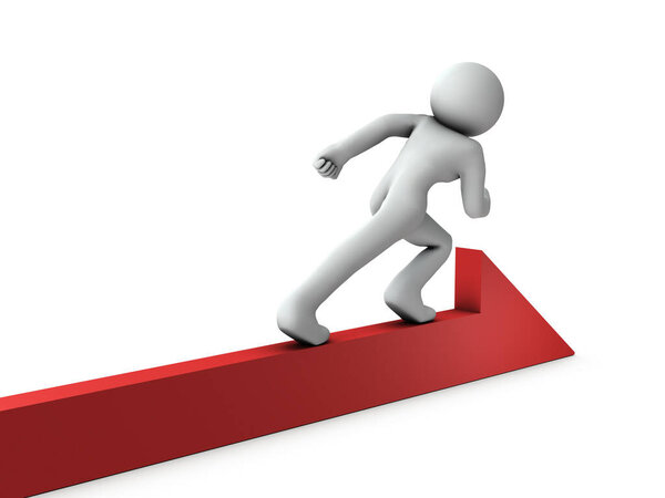 A character who continues to move forward on a big arrow. White background. 3D rendering.