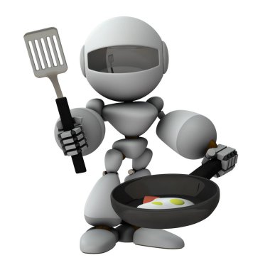 Yemek pişiren yapay zeka robotu. Yeteneklerini göster. Beyaz arka plan. 3B görüntüleme.