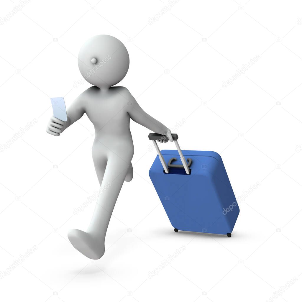 A character holding a ticket. He is about to leave. White background. 3D rendering.