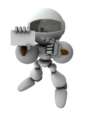 Mesaj kartı sunan bir yapay zeka robotu. Açıklamak için sol eliyle kartı işaret ediyor. Beyaz arka plan. 3B görüntüleme.