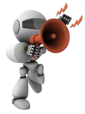 Yapay zeka robotu el mikrofonuyla bağırıyor. 3 boyutlu görüntüleme. Beyaz arkaplan.