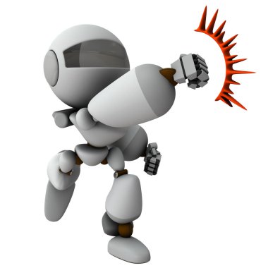 Güçlü bir yumrukla kazanan bir robot. Beyaz arka plan. 3B görüntüleme.