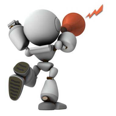 Yapay zeka robotu el mikrofonuyla bağırıyor. 3 boyutlu görüntüleme. Beyaz arkaplan.