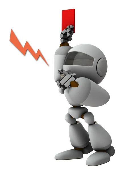 A robot holding a red card. He orders to leave. White background. 3D rendering.