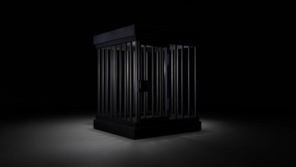 一间在黑暗房间中心旋转的监狱 犯罪和拘留的象征 循环视频 3D渲染 — 图库视频影像
