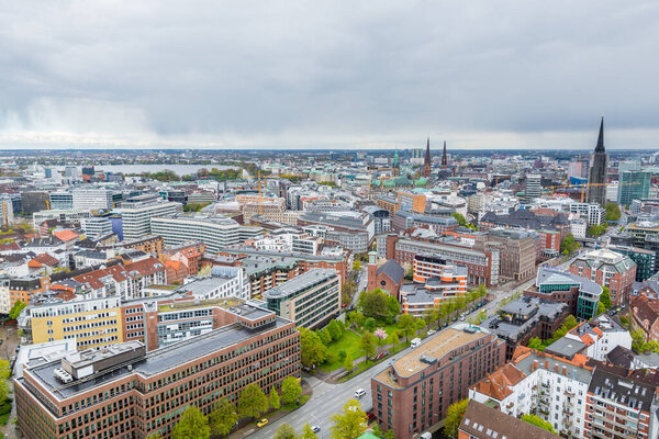 Aerial view of downtown of Hamburg, Germany, view from the clock tower of Church of St. Michael. A landmark of the city and it is considered to be one of the finest Hanseatic Protestant baroque churches