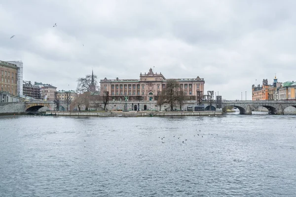 Vackra Byggnader Vid Stranden Sundet Och Öar Centrala Stockholm — Stockfoto