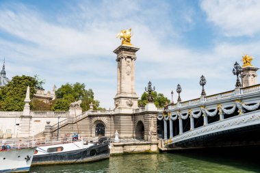 Nehir kıyısındaki Pont Alexandre III köprüsü ve nehir kenarındaki Petit Palais, Paris, Fransa.