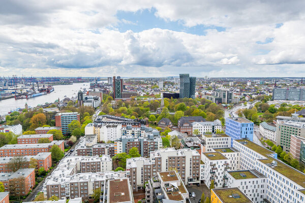 Aerial view of downtown of Hamburg, Germany, view from the clock tower of Church of St. Michael. A landmark of the city and it is considered to be one of the finest Hanseatic Protestant baroque churches