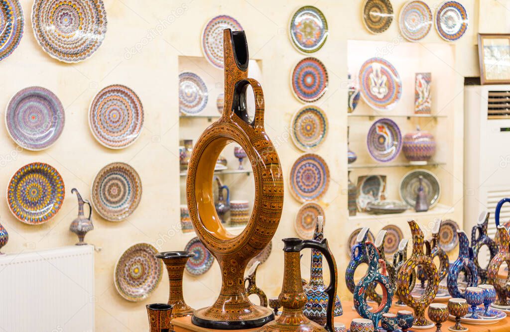 Turkish traditional ceramic pots and jars in underground ceramic shop located in Avanos, Cappadocia. , Turkey.