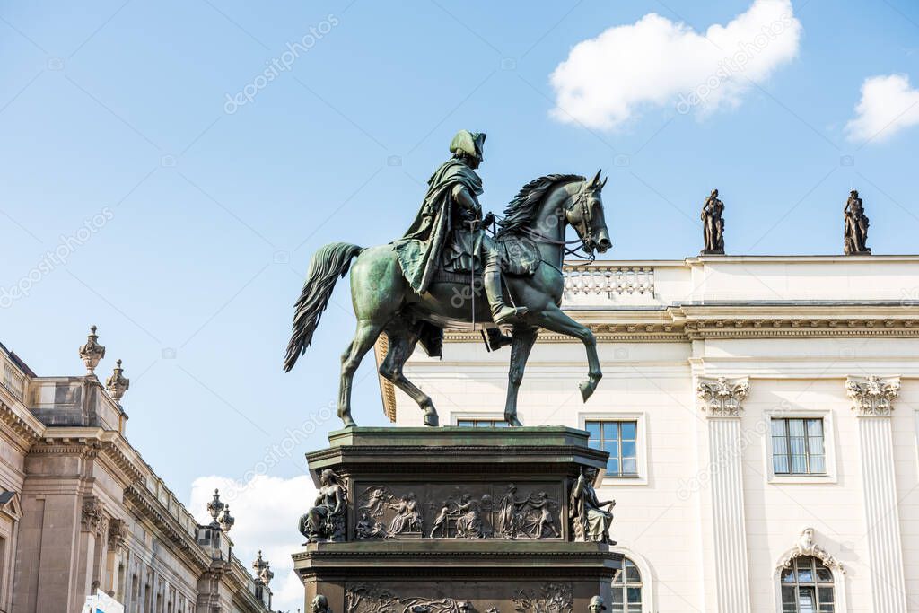 Equestrian Statue Of Frederick The Great, an outdoor sculpture in cast bronze at the east end of Unter den Linden in Berlin, honouring King Frederick II of Prussia