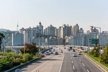 Hangang Nehri (Han Nehri) üzerinde Güney Kore 'de Seul Skyline' a karşı köprü