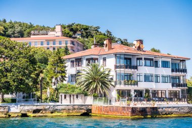 Türkiye 'nin İstanbul kentindeki İstanbul Boğazı' nda yaz mevsiminde yeşil ormanlı güzel binalar ve malikaneler. Bir Gemi Gezisinden Görünüm.