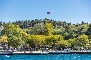 Türkiye 'nin İstanbul kentindeki İstanbul Boğazı' ndaki Costline ve Hillslope 'ta yaz mevsiminde güzel Türk bayrağı ve yeşil orman görülüyor. Bir Gemi Gezisinden Görünüm.