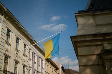 Mavi gökyüzüne karşı Ukrayna bayrağı