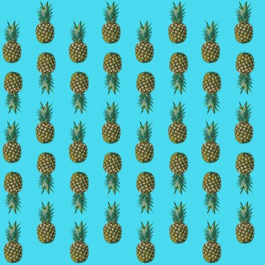 Mavi arka planda ananas deseni. Bir sürü küçük ananas..